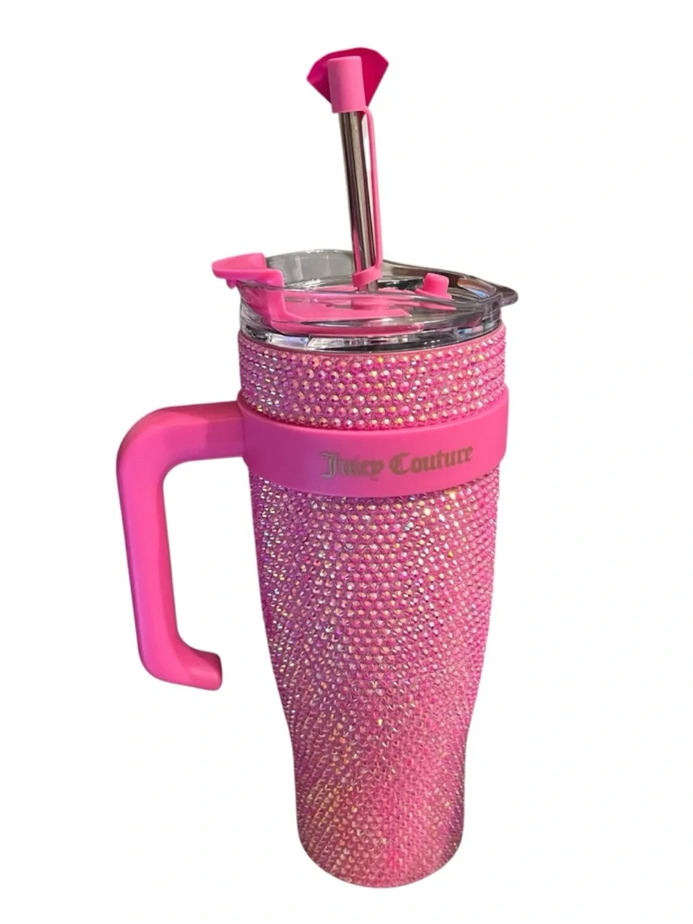 Juicy Couture 10” Hot Pink Rhinestone Tumbler with Handle and Straw